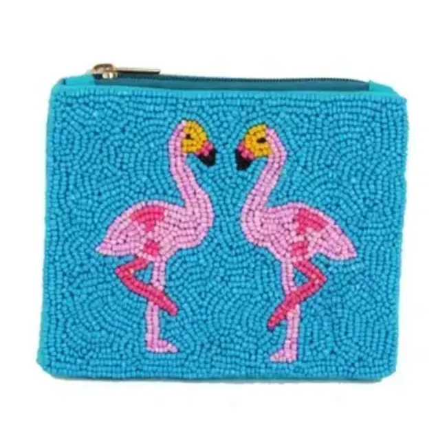 Coin Purse - Fully Beaded Blue Flamingo Theme