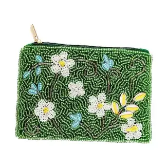 Coin Purse - White Flowers Beaded