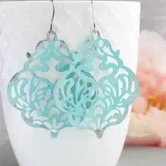 A Pocket of Posies Big Damask Filigree Earrings-Aqua