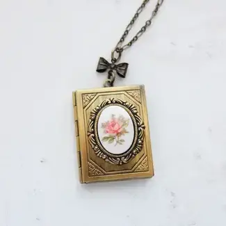 A Pocket of Posies Large Book Locket Necklace W/Pink Rose Cameo