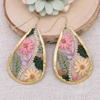Floral Vines Embroidered Gold Teardrop Earrings