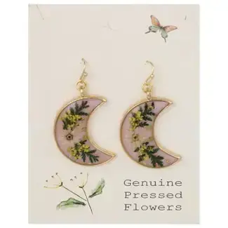 Pink Crescent Moon Dried Flower Gold Earrings