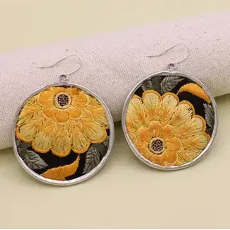 Round Embroidered Yellow Flower Silver Earrings