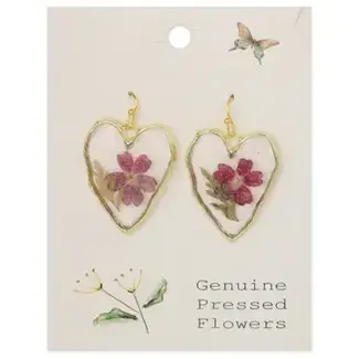 Textured Gold Heart Purple Dried Flower Earrings