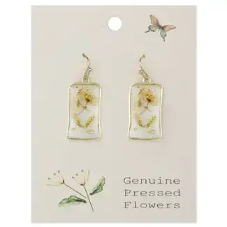 White Dried Flower Gold Rectangle Earrings