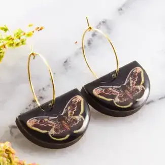 No Man's Land Peacock Moth Drop Hoop Earrings