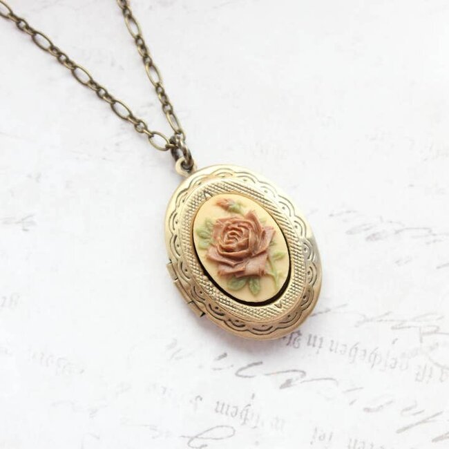 A Pocket of Posies Cameo Picture Locket Necklace - Cocoa Brown Rose