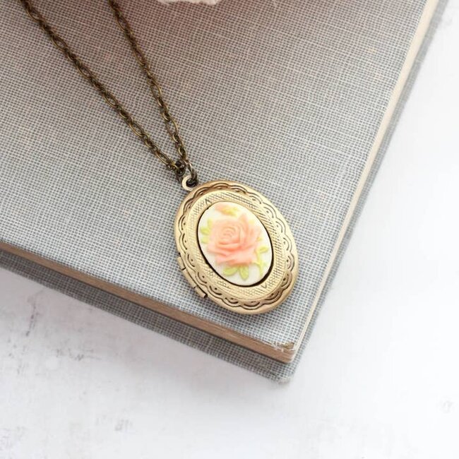 A Pocket of Posies Cameo Photo Locket Necklace - Peach Rose