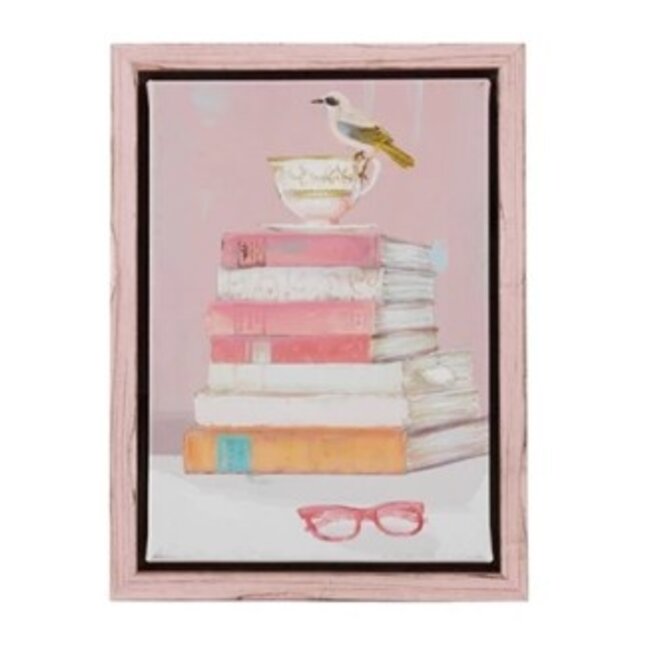 Wood Framed Canvas Wall Decor with Bird, Mugs & Books