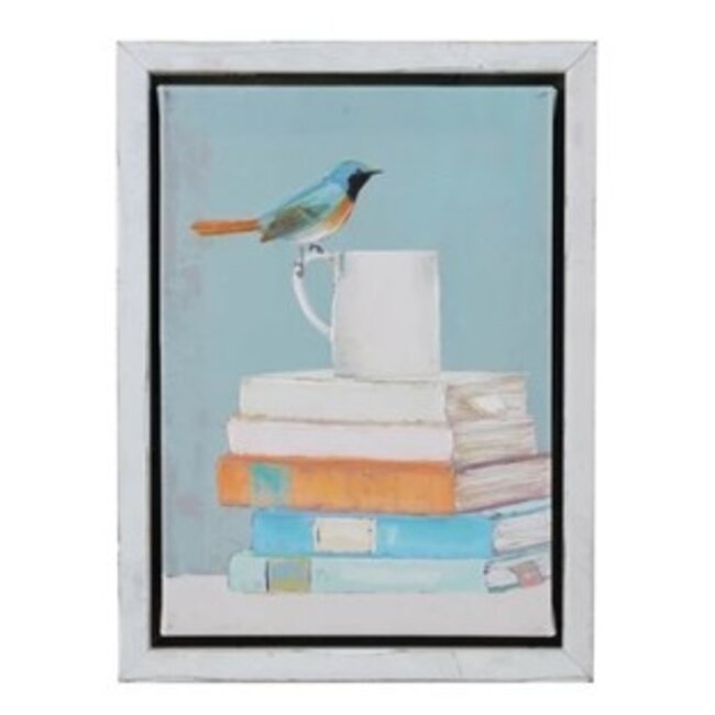 Wood Framed Canvas Wall Decor with Bird, Mugs & Books