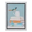 Wood Framed Canvas Wall Decor with Bird, Mugs & Books
