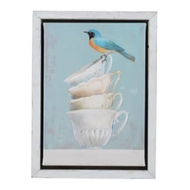 Wood Framed Canvas Wall Decor with Bird, Mugs & Books