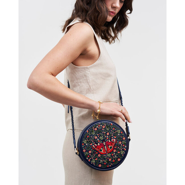 Fable England Red Admiral Navy Embroidered Circle Bag