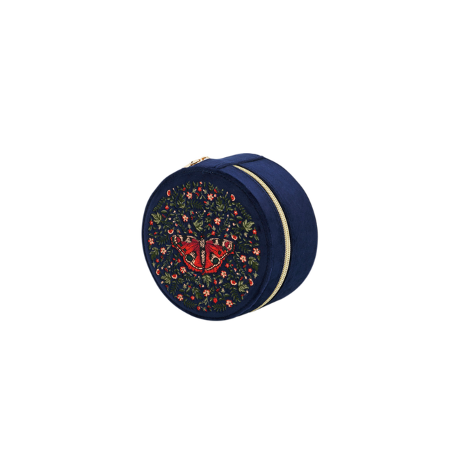 Fable England Red Admiral Navy Velvet Embroidered Jewellery Box
