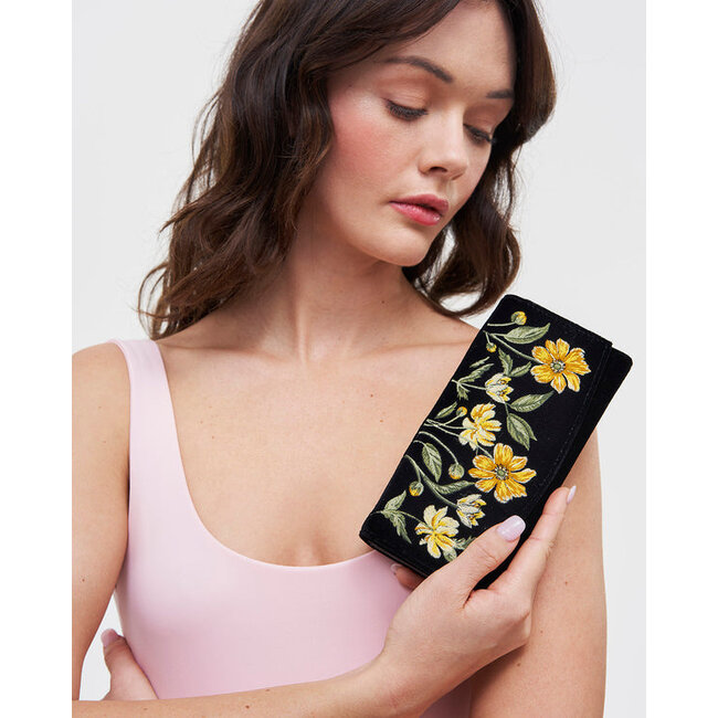 Fable England Botanical Black Velvet Embroidered Purse