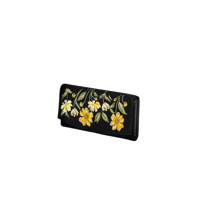 Fable England Botanical Black Velvet Embroidered Purse