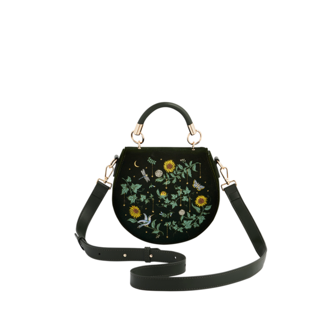 Fable England Sunflower Green Velvet Embroidered Top Handle Bag