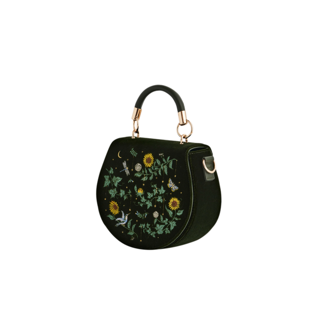 Fable England Sunflower Green Velvet Embroidered Top Handle Bag
