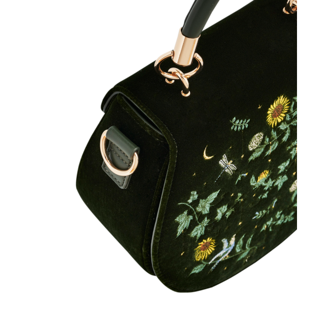 Fable England Sunflower Green Velvet Embroidered Top Handle Bag