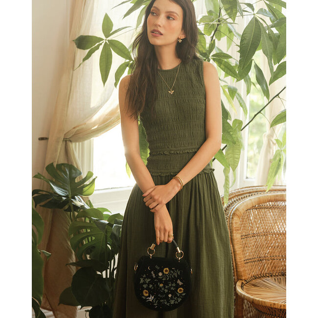 Fable England Sunflower Green Velvet Embroidered Top Handle Bag