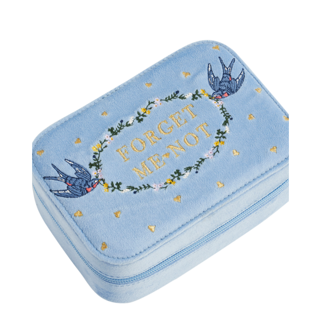 Fable England Forget Me Not Blue Velvet Embroidered Jewellery Box