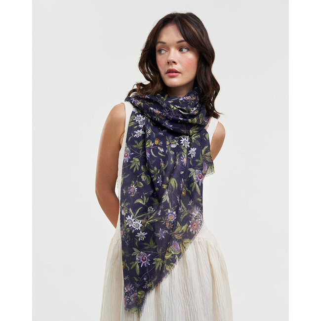 Fable England Passion Flower Navy Lightweight Long Scarf