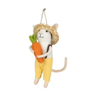 Ornament - White Mouse With Straw Hat