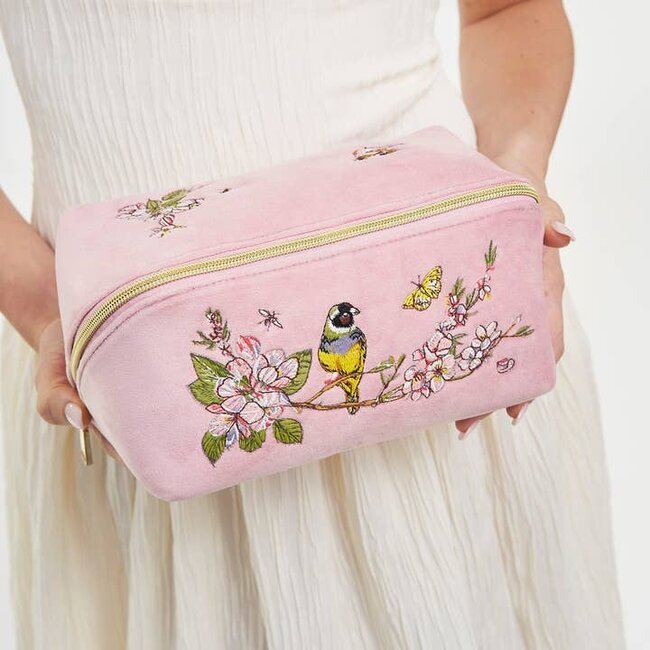Fable England Love Scatter Pink Velvet Embroidered Cosmetic Pouch