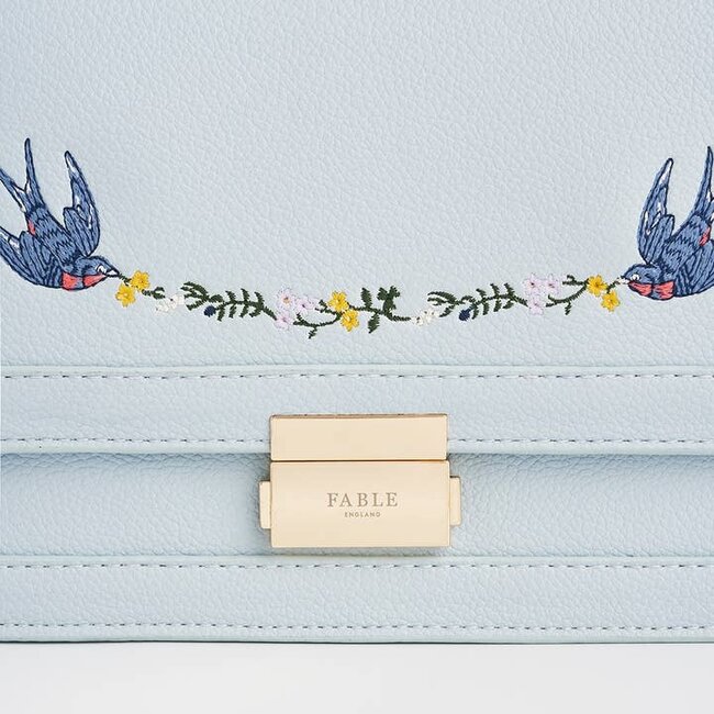 Fable England Bird Blue Embroidered Foldover Bag