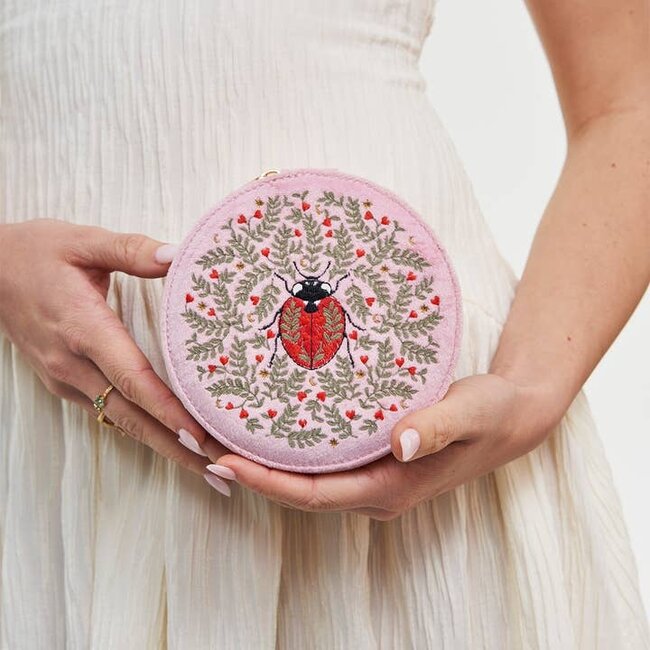 Fable England Ladybug Pink Velvet Embroidered Circle Jewellery Box
