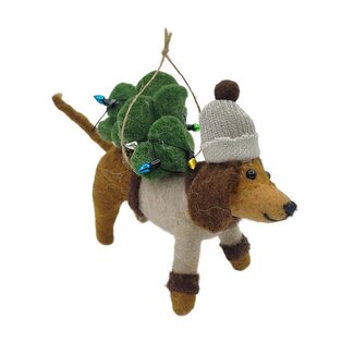 Ornament - Wool Dog Brown With Tree