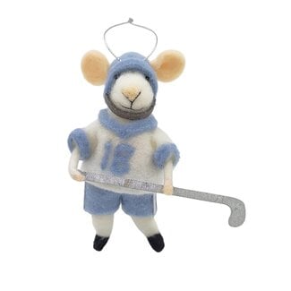 Ornament - Wool Mouse Blue Sweater Playing Hockey
