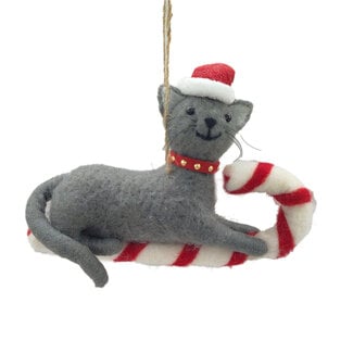 Ornament - Wool Cat Grey Sits Atop A Candy Cane-Shaped Sled