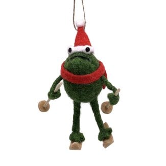 Ornament - Felt Frog 3"X5.5" Green with Skiis & Santa Hat