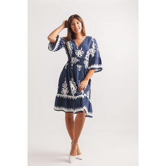 Papillon 1/2 Sleeve Boho Printed V-Neck Dress With Pockets In Navy