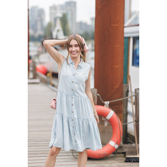 Papillon Tiered Button Front Dress With Pockets In Blue