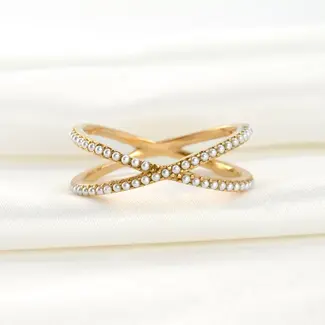 Gold Pearl Criss Cross Ring - Waterproof