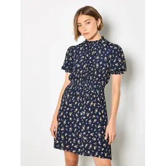 Apricot Floating Ditsy Ruffle Smock Dress in Navy