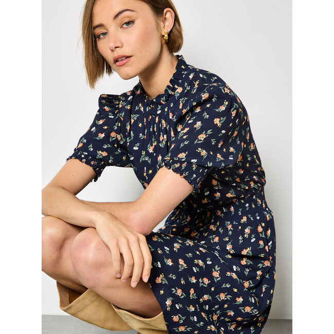Apricot Floating Ditsy Ruffle Smock Dress in Navy