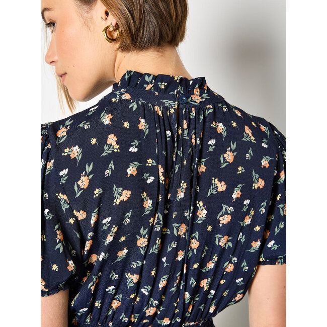 Apricot Floating Ditsy Ruffle Smock Dress in Navy