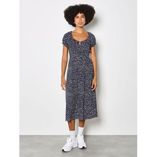 Apricot Milkmaid Spotted Dress in Navy