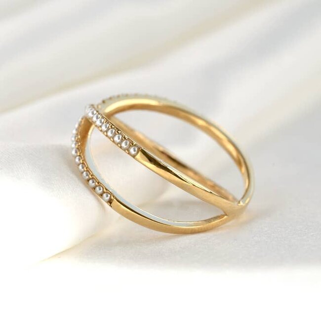 Gold Pearl Criss Cross Ring - Waterproof
