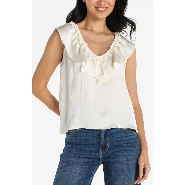 Liverpool Los Angeles Ruffle Front Sleeveless Woven Top In French Vanilla