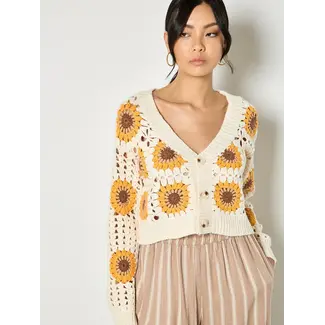 Apricot Sunflower Hand Knit Button Cardigan in Stone