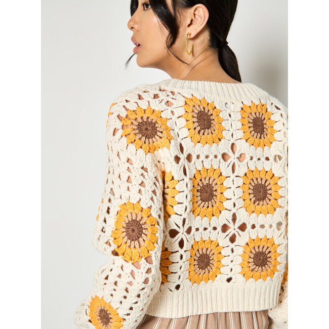 Apricot Sunflower Hand Knit Button Cardigan in Stone
