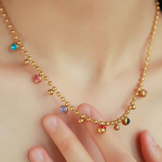 Cameron Rose Waterproof Jewellery Waterproof Gold Ball & Colourful Cubic Zirconia Necklace