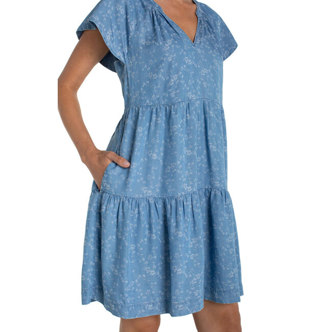 Liverpool Los Angeles Tiered Flutter Sleeve Dress In Indigo Roses