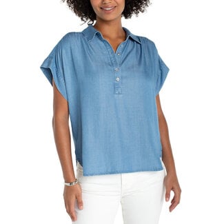 Liverpool Los Angeles Popover Shirt with Shirring In Sunlight Blue