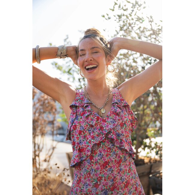 Liverpool Los Angeles Sleeveless Ruffle Front Maxi Dress In Pink Multi Floral