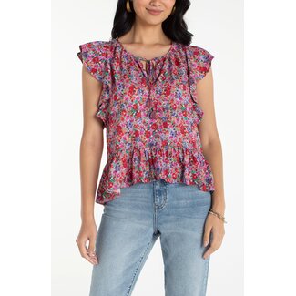 Liverpool Los Angeles Flutter Sleeve Peplum Top - Pink Multi Floral